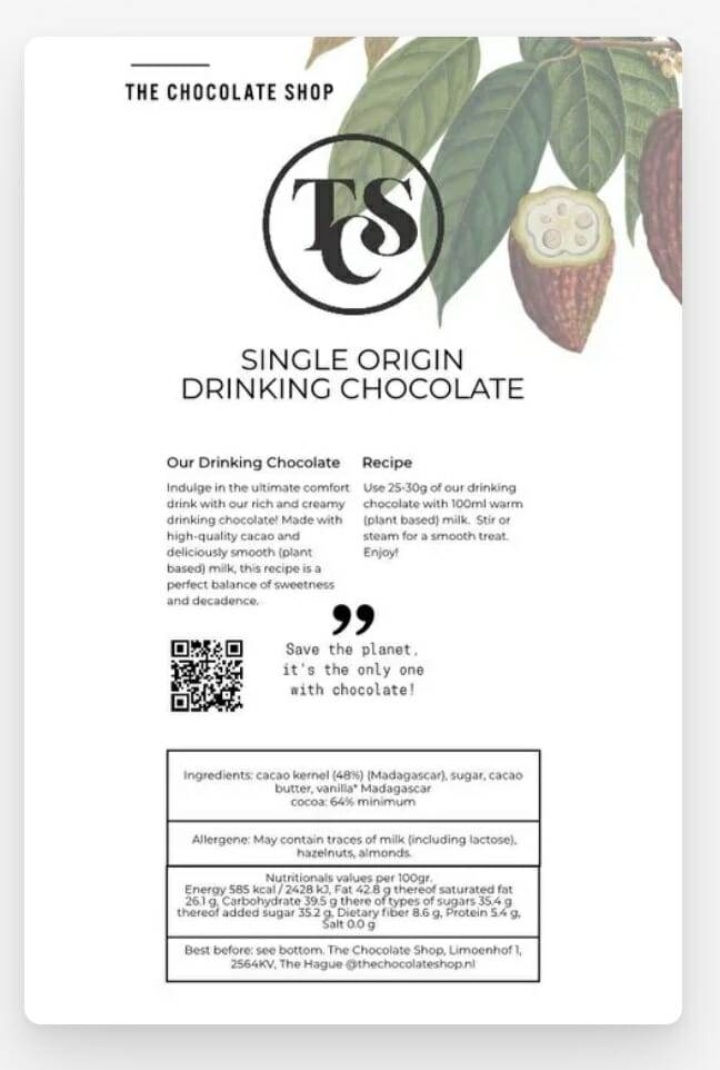 madagascar single origin drinking chocolate tcs 64 procent vegan 500 gr.