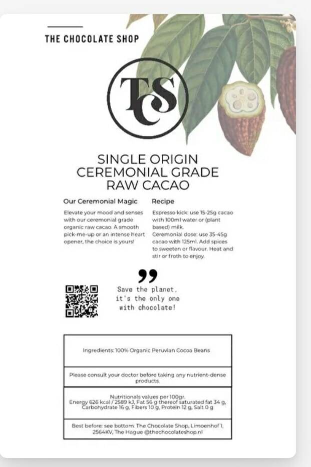 Ceremonial Grade Cacao TCS Criollo Origine Peru 200 gr.